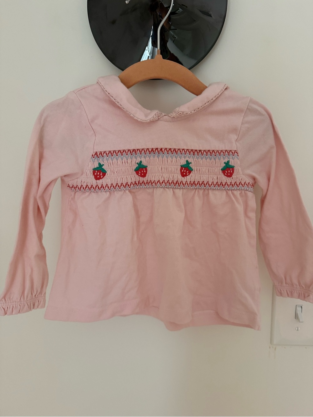Baby Boden Pink Long-Sleeve Top with Smocked Strawberry Detail